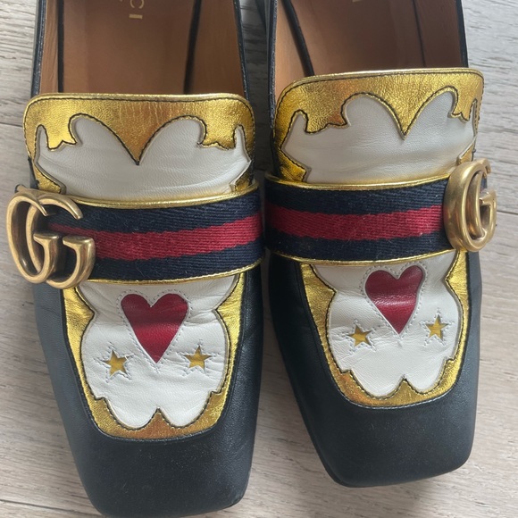 RARE gucci peyton heart heeled loafers in black multicolor leather size 37.5 - Picture 5 of 9